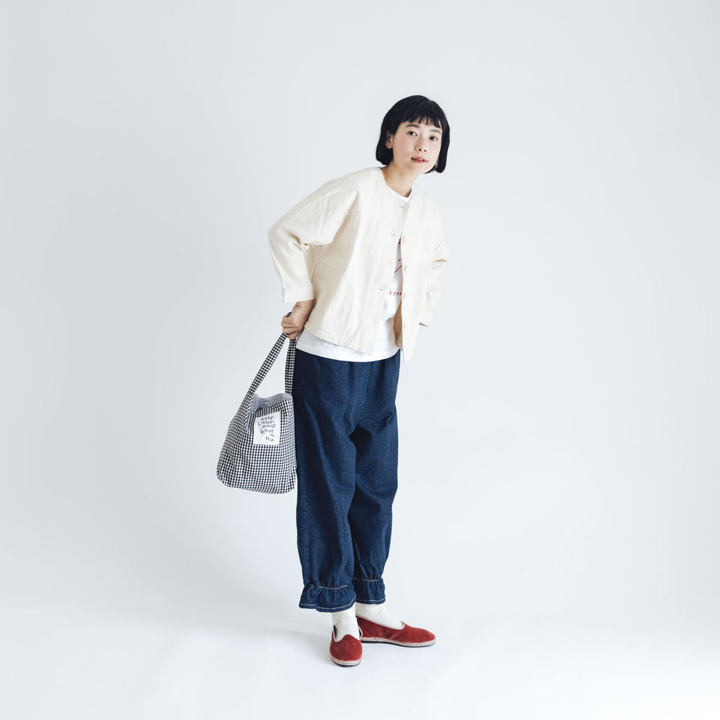 pot and tea デニム裾ゴムパンツ 紺