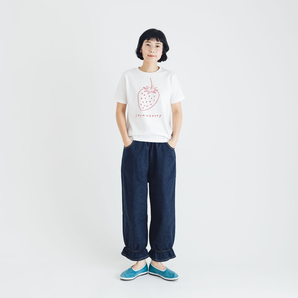 pot and tea デニム裾ゴムパンツ 紺