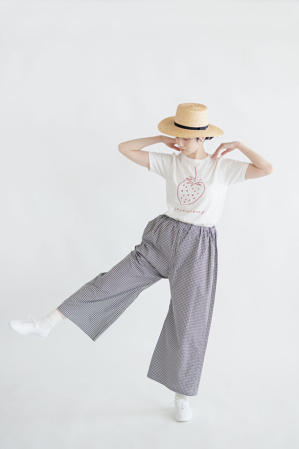 pot and tea チェック柄シンプルワイドパンツ
