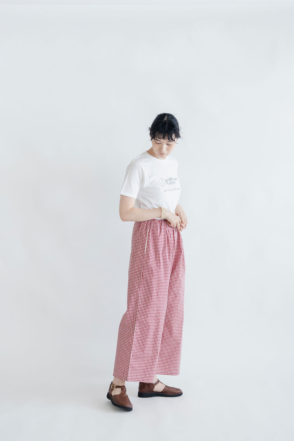 pot and tea チェック柄シンプルワイドパンツ